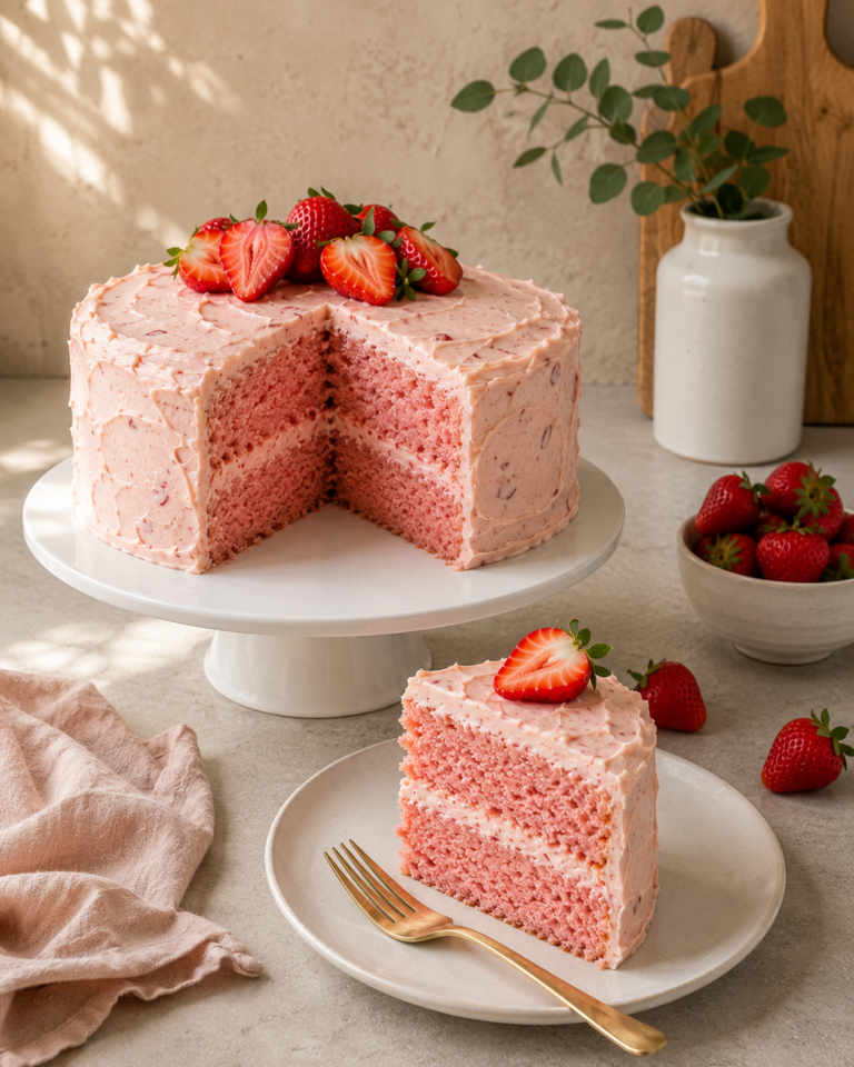 Easy strawberry cake with strawberry cream cheese frosting