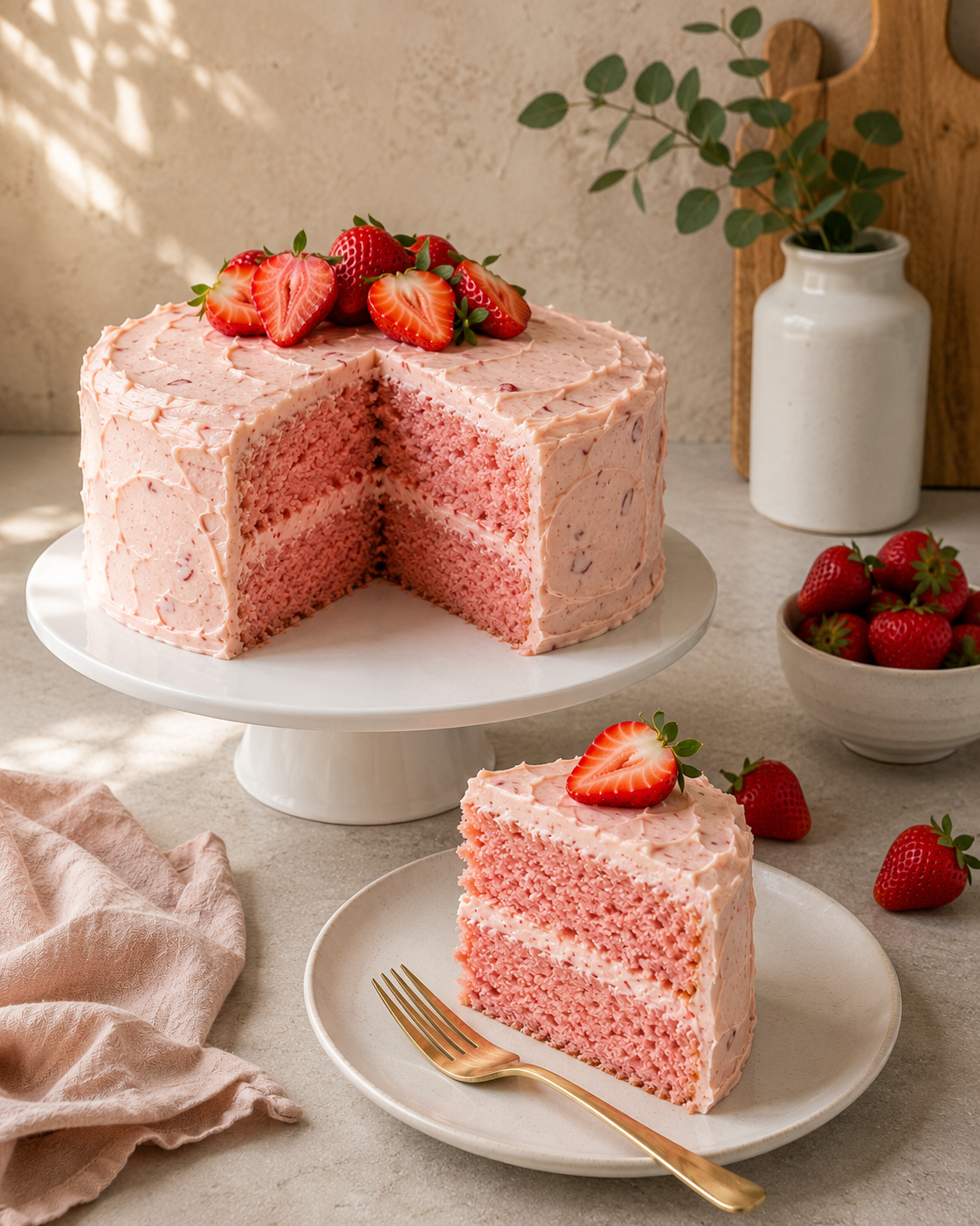 Easy strawberry cake with strawberry cream cheese frosting