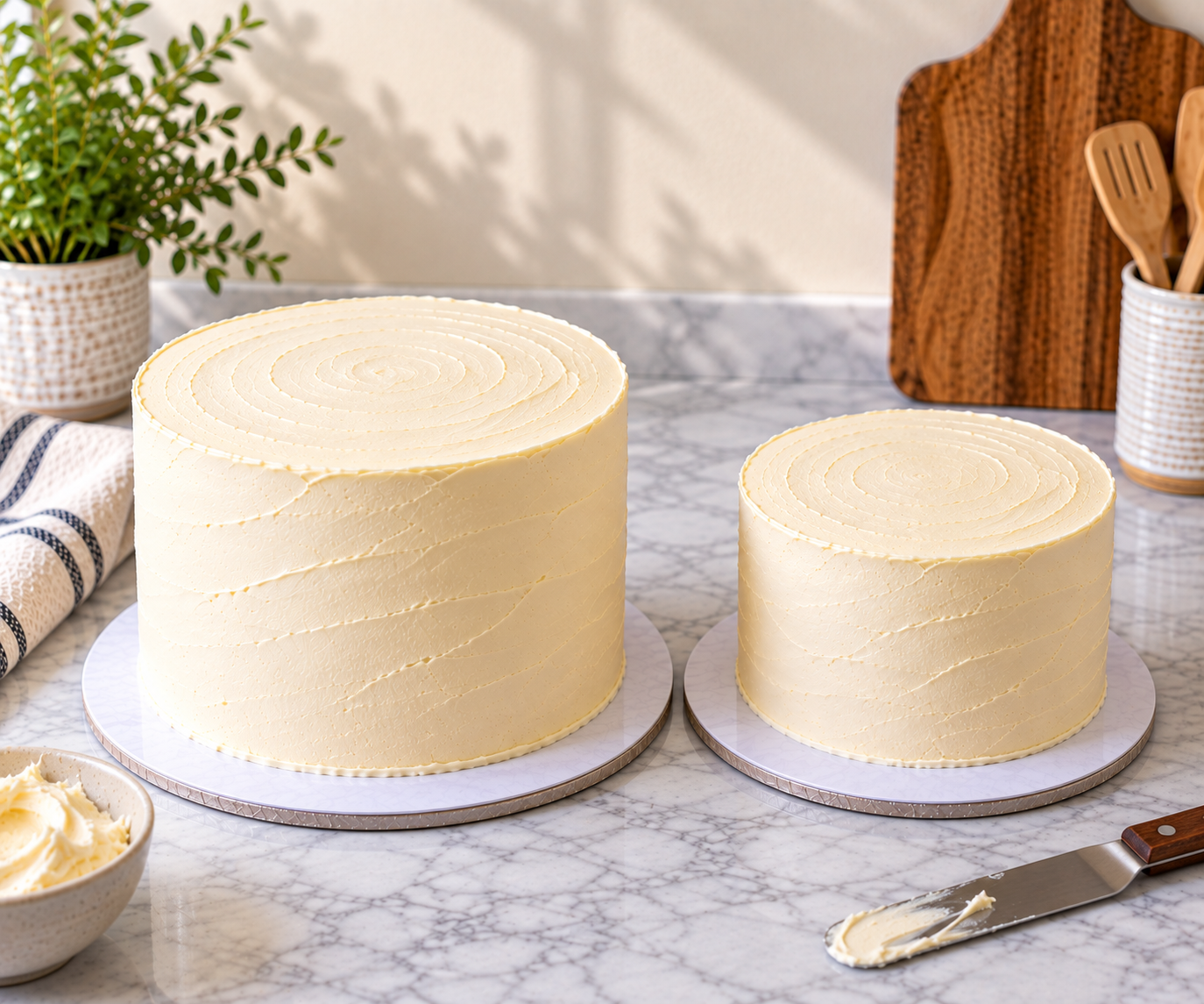 two frosted cake tiers of different sizes side by side before stacking