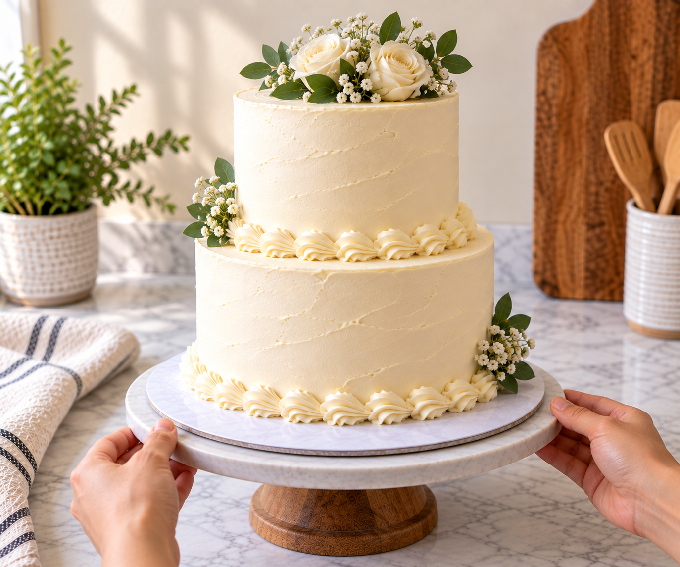 finished two tier cake being checked on a turntable
