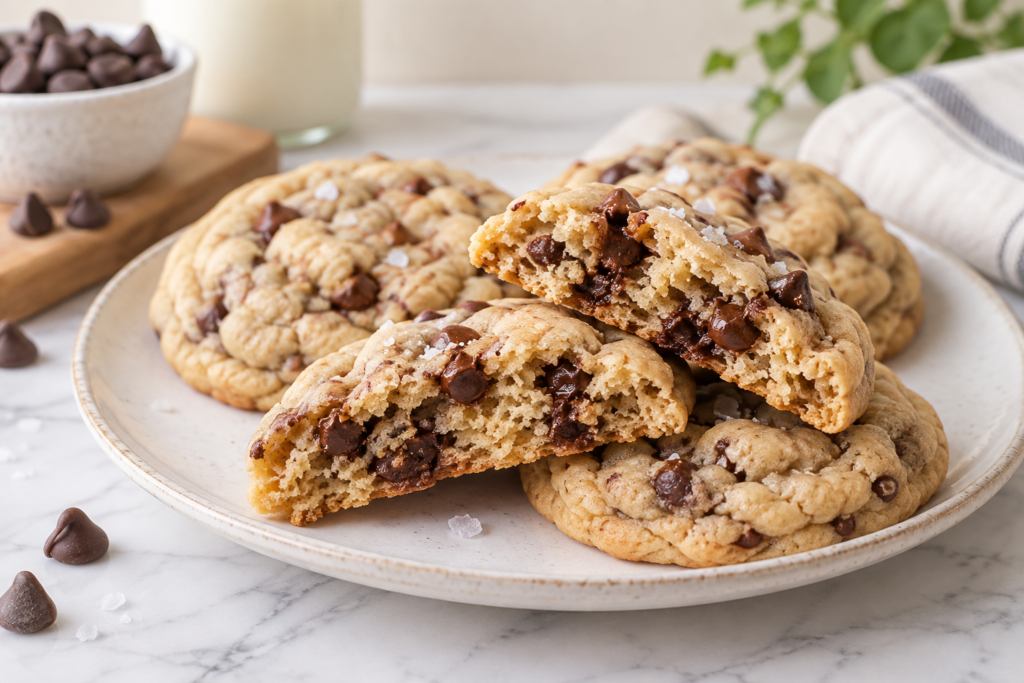 Sourdough chocolate chip cookie broken in half to show the soft, chewy center