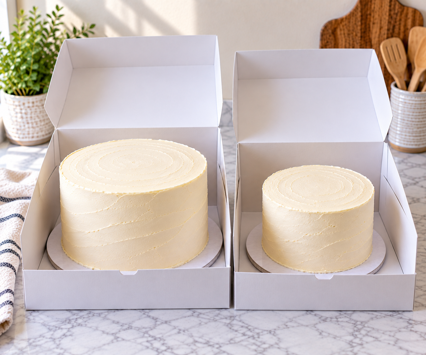 two cake tiers in separate boxes ready for transport