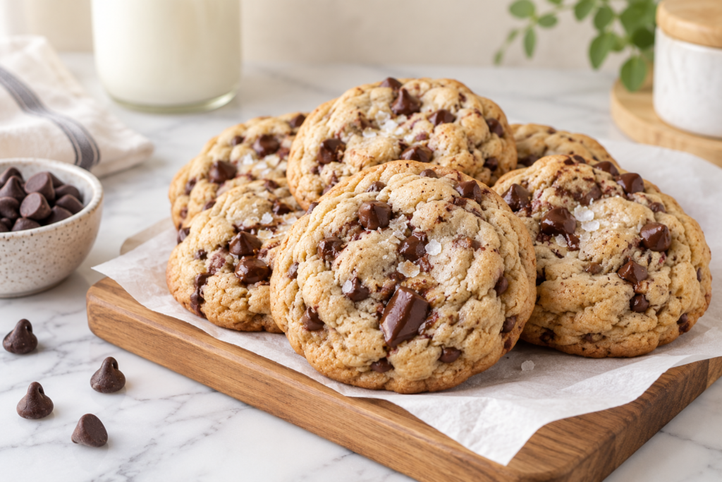 Sourdough discard chocolate chip cookies with flaked sea salt on a parchment-lined wooden board