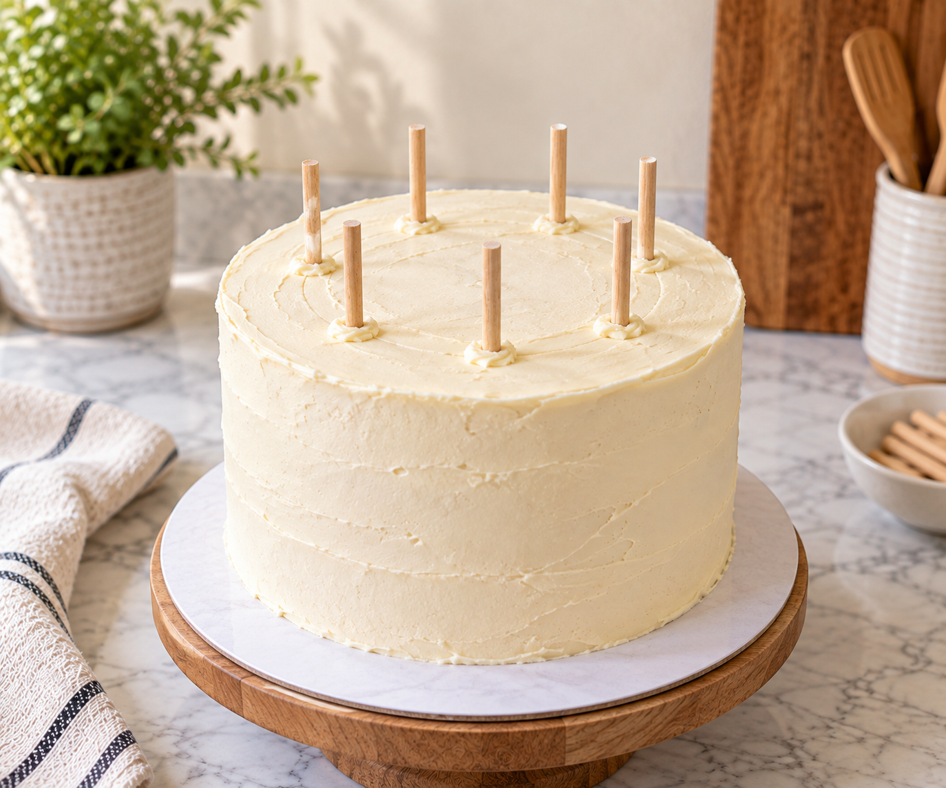 several cake support pieces arranged in a ring on a frosted cake