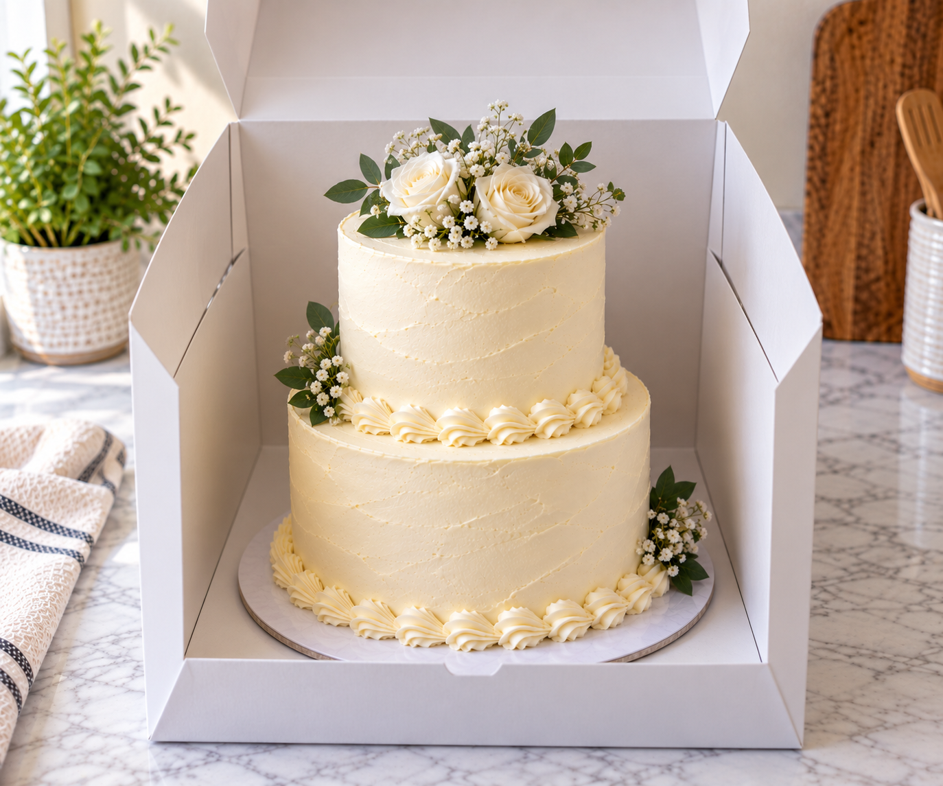 two tier cake in a cake box on a flat surface for transport