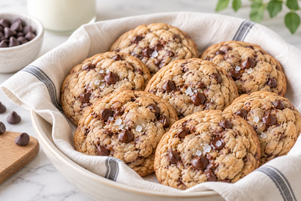 Sourdough discard chocolate chip cookies in a bowl lined with a striped kitchen towel