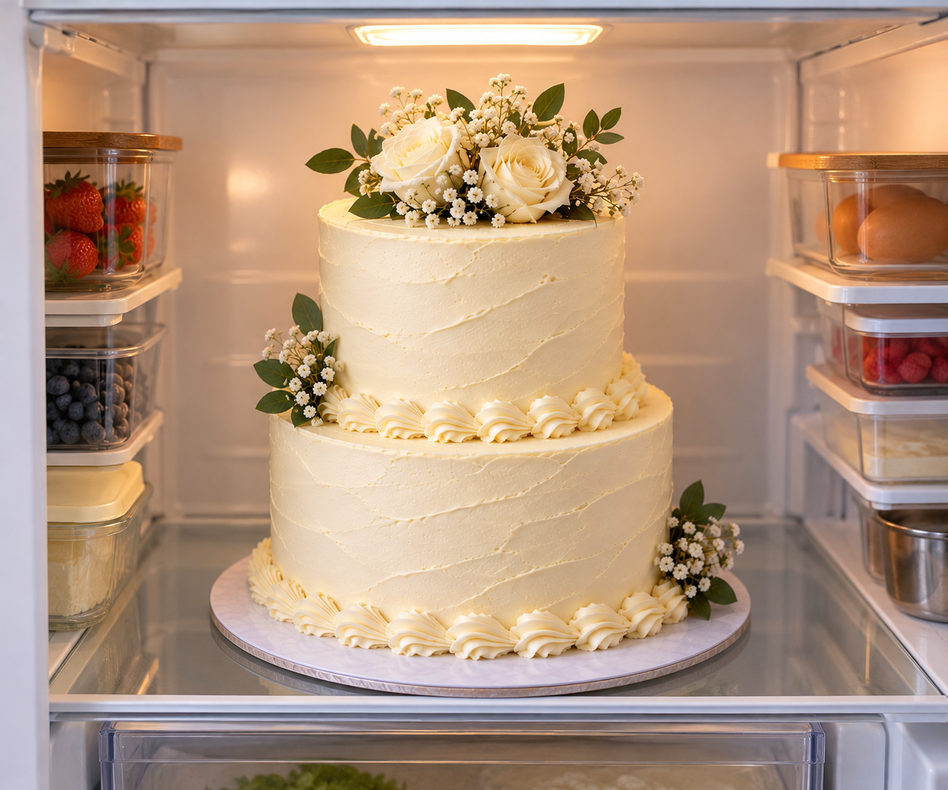 two tier cake loosely covered in the refrigerator