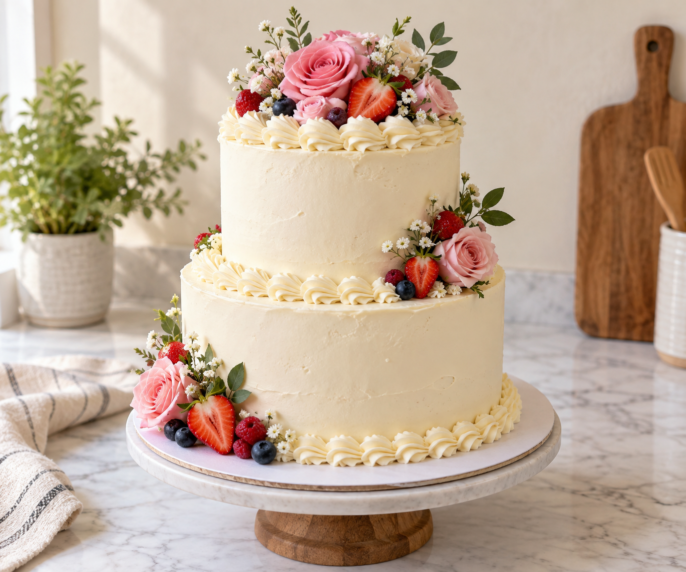finished two tier celebration cake on a white marble counter