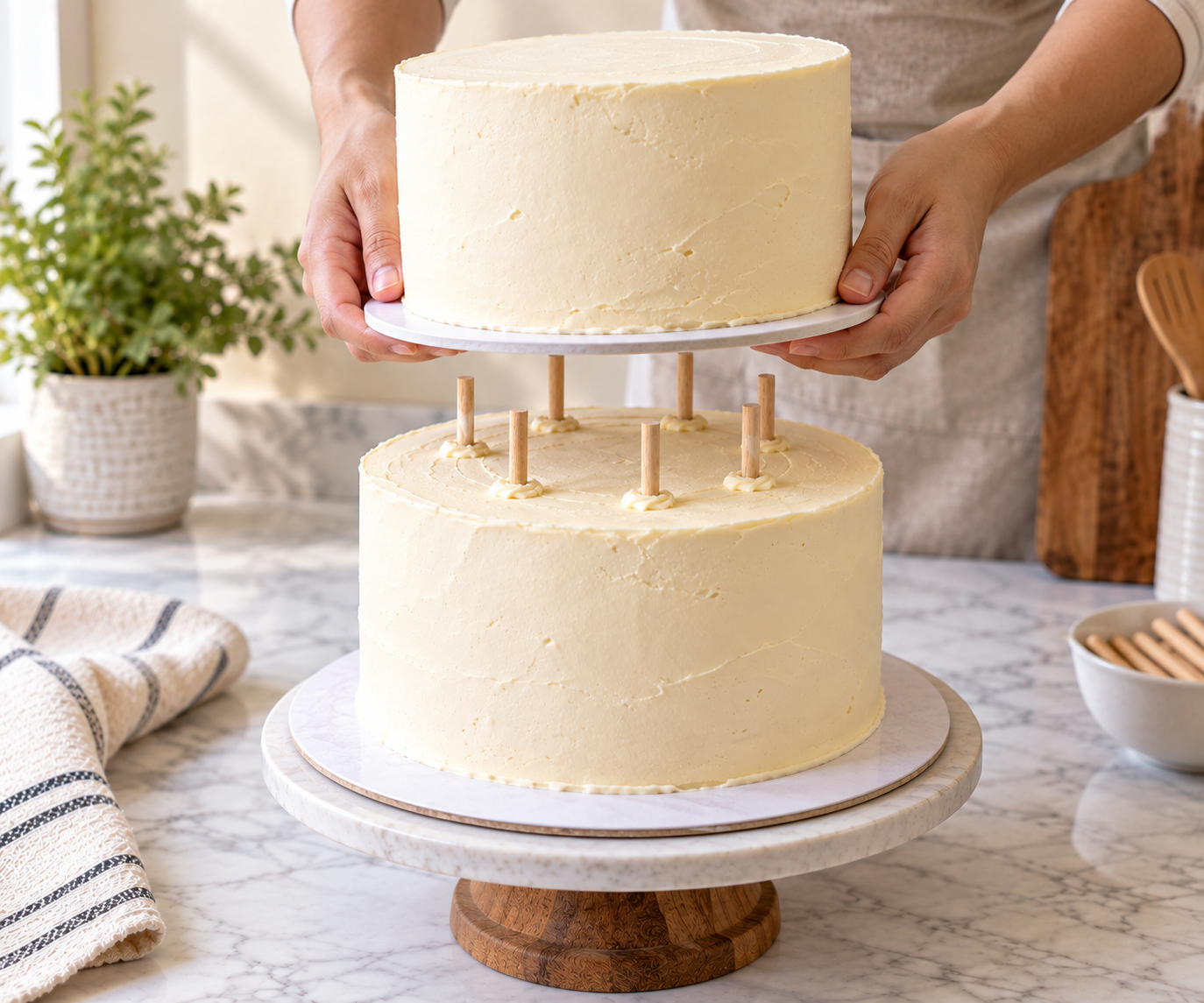 top tier of a cake being lowered into place on the bottom tier