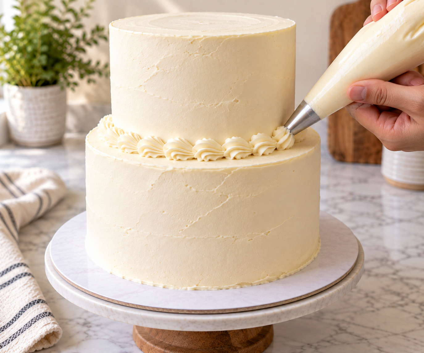 piping buttercream along the seam of a two tier cake