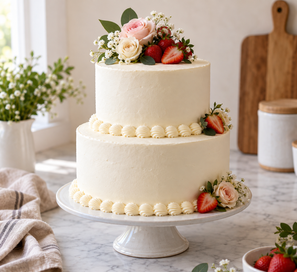 Finished two tier vanilla buttercream cake without fondant, smooth white frosting, styled on a cake stand