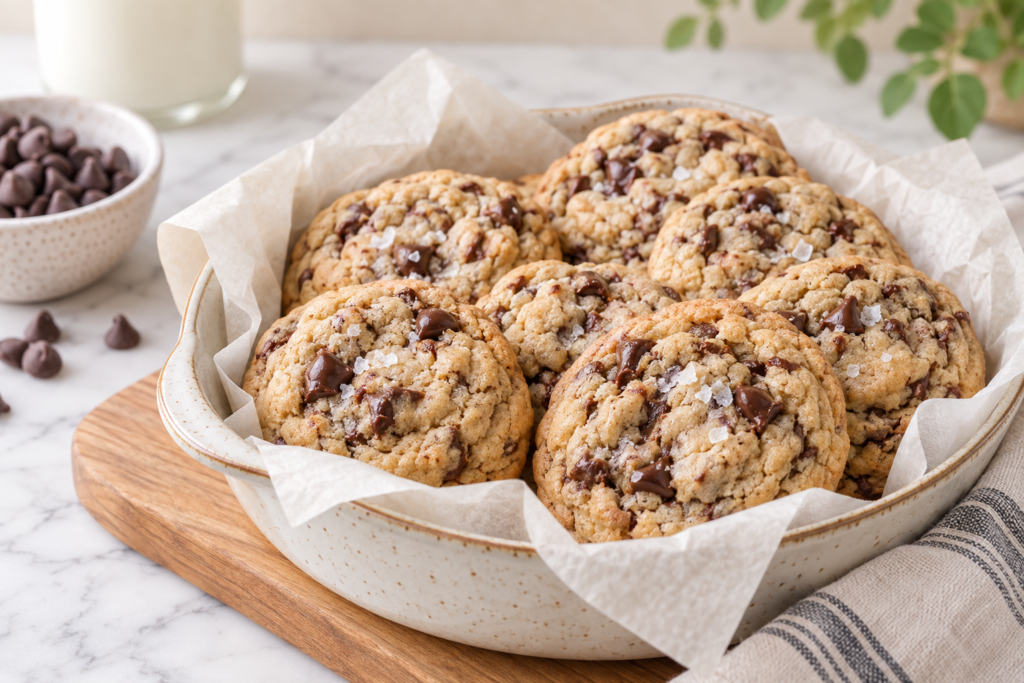Baked sourdough chocolate chip cookies in a parchment-lined ceramic dish