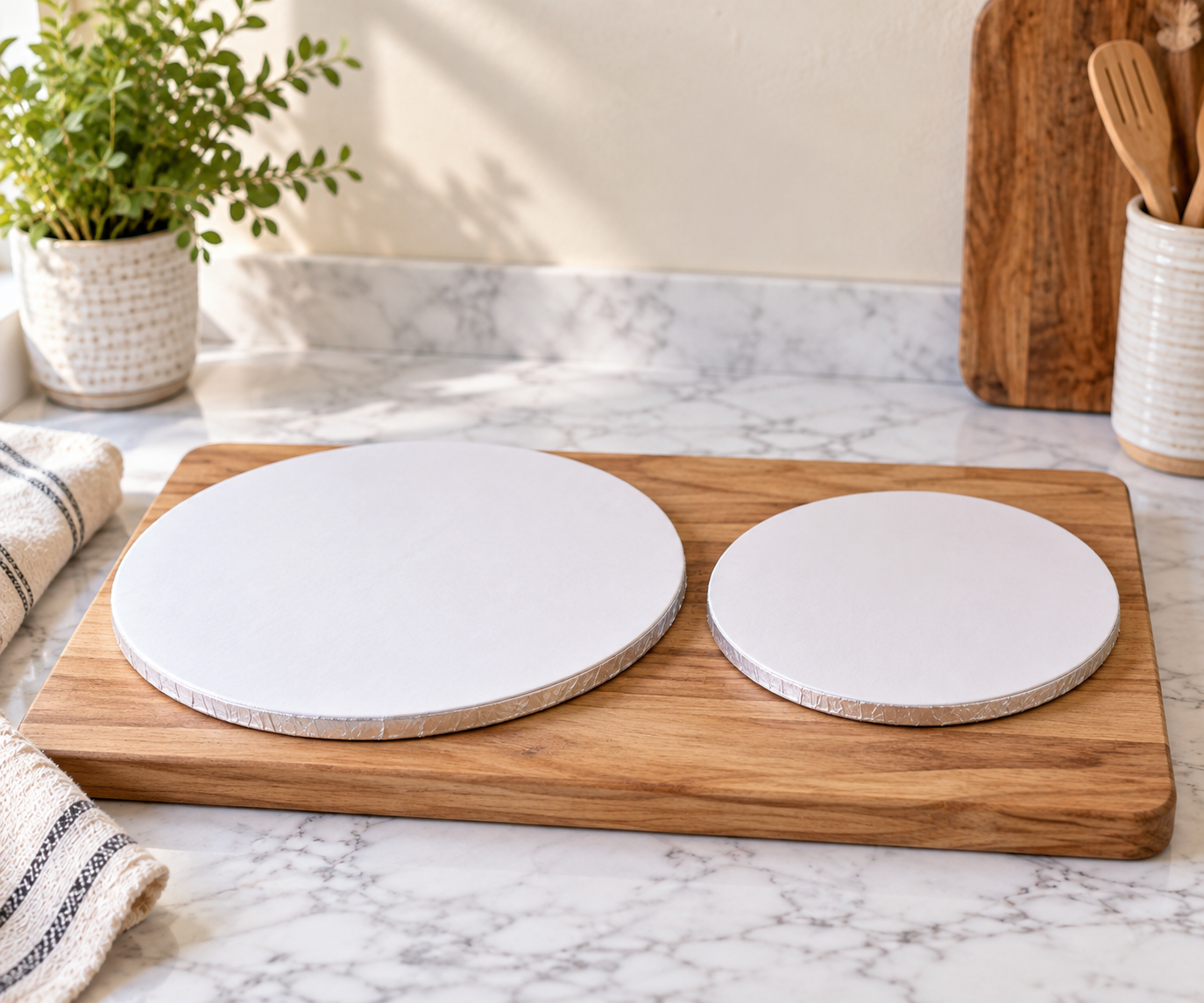 two cake boards of different sizes placed side by side
