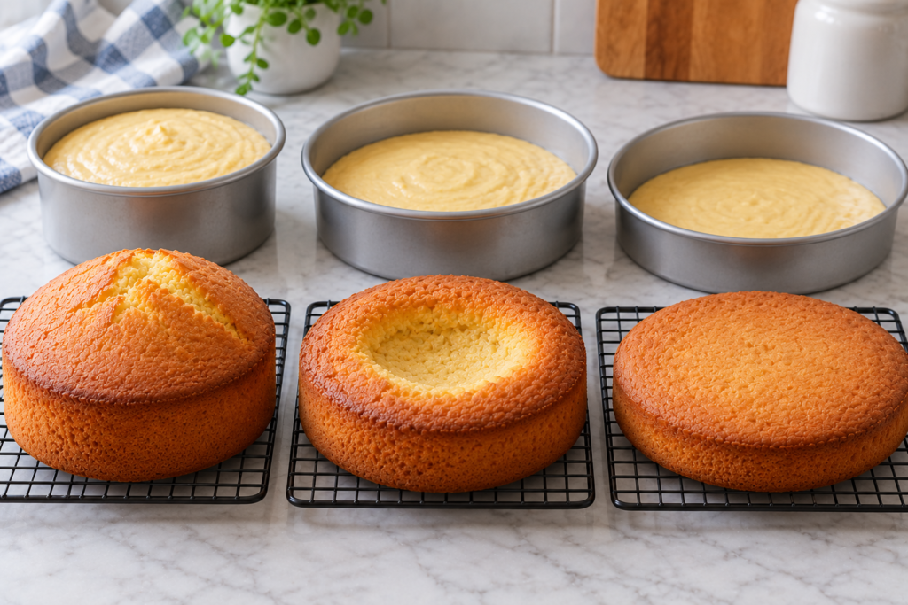 Cake pans filled with batter, showing the right fill level for the pan size