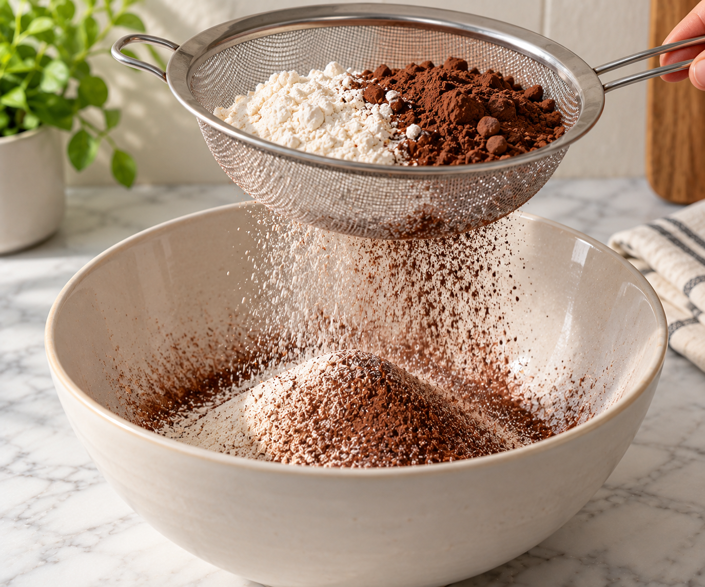 Sifting flour and cocoa powder into a mixing bowl