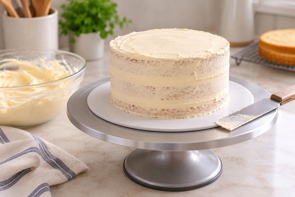 Two-layer cake with a thin crumb coat of buttercream on a turntable