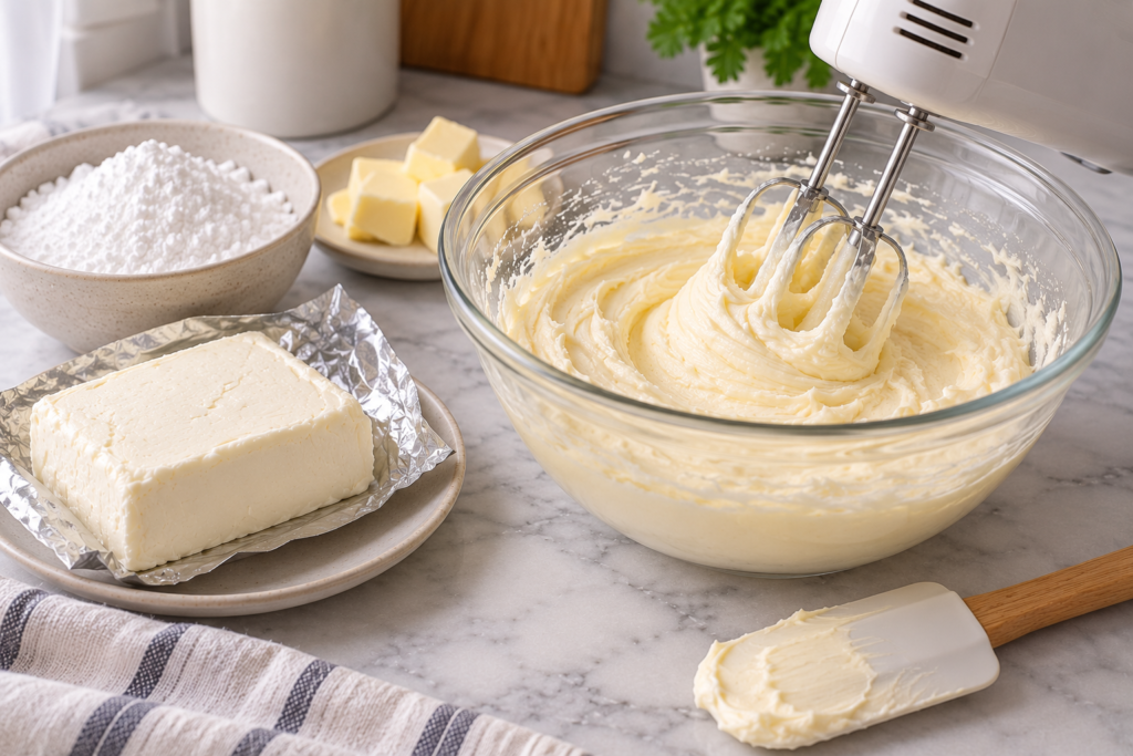 Mixing cream cheese frosting with a hand mixer beside block cream cheese and butter