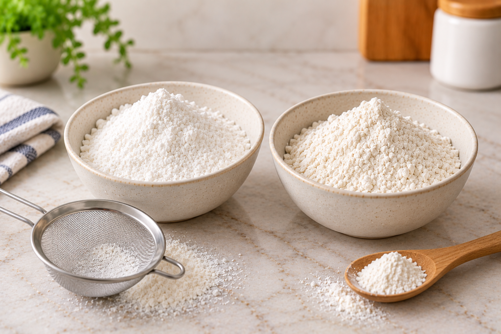 Two bowls of flour side by side, cake flour and all-purpose flour
