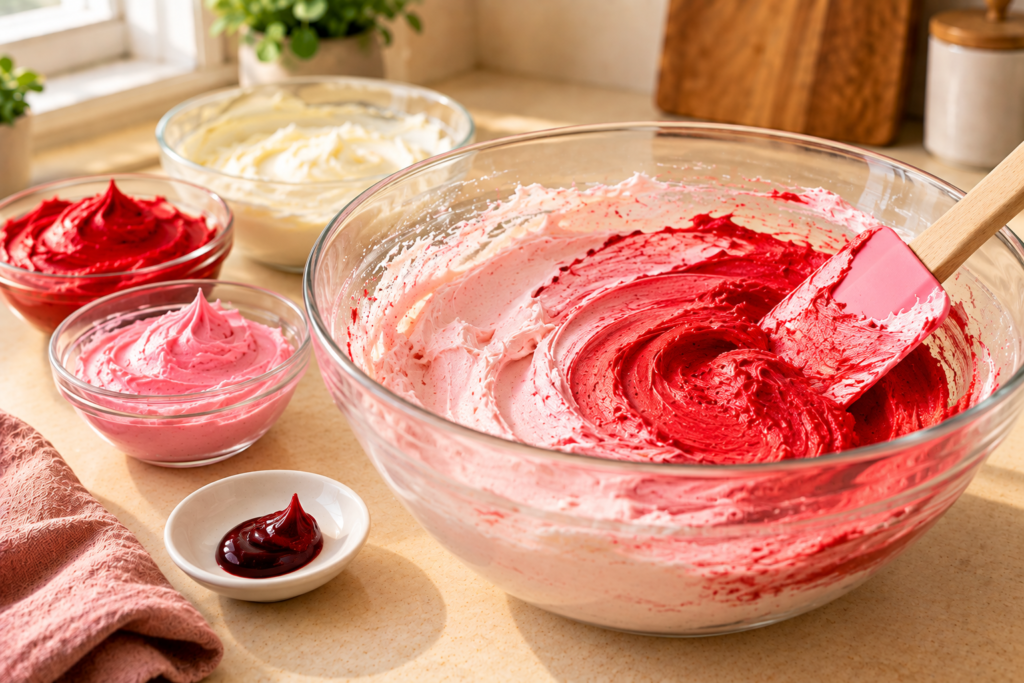 Dark red buttercream being stirred into lighter pink-red buttercream with a spatula