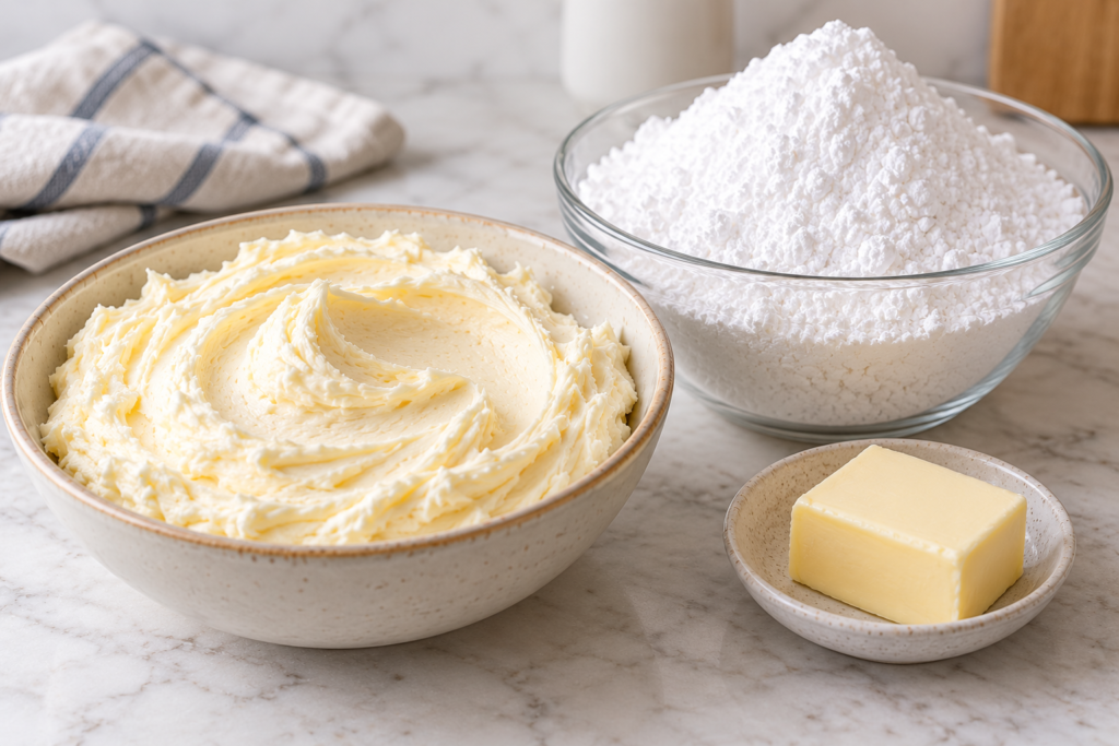 Bowl of American buttercream beside a bowl of powdered sugar