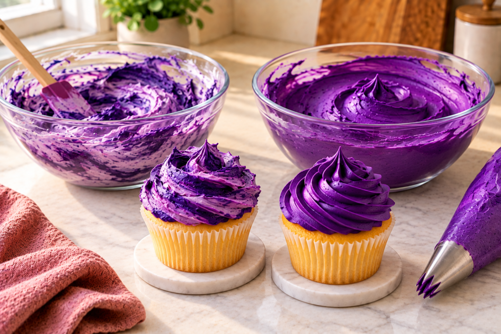 Streaky purple buttercream in one bowl and smooth deep purple buttercream in another, with two cupcakes