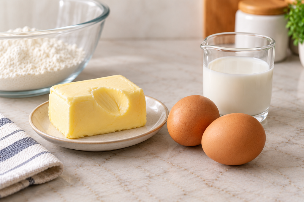 Softened butter, eggs and a glass of milk set out before mixing cake batter