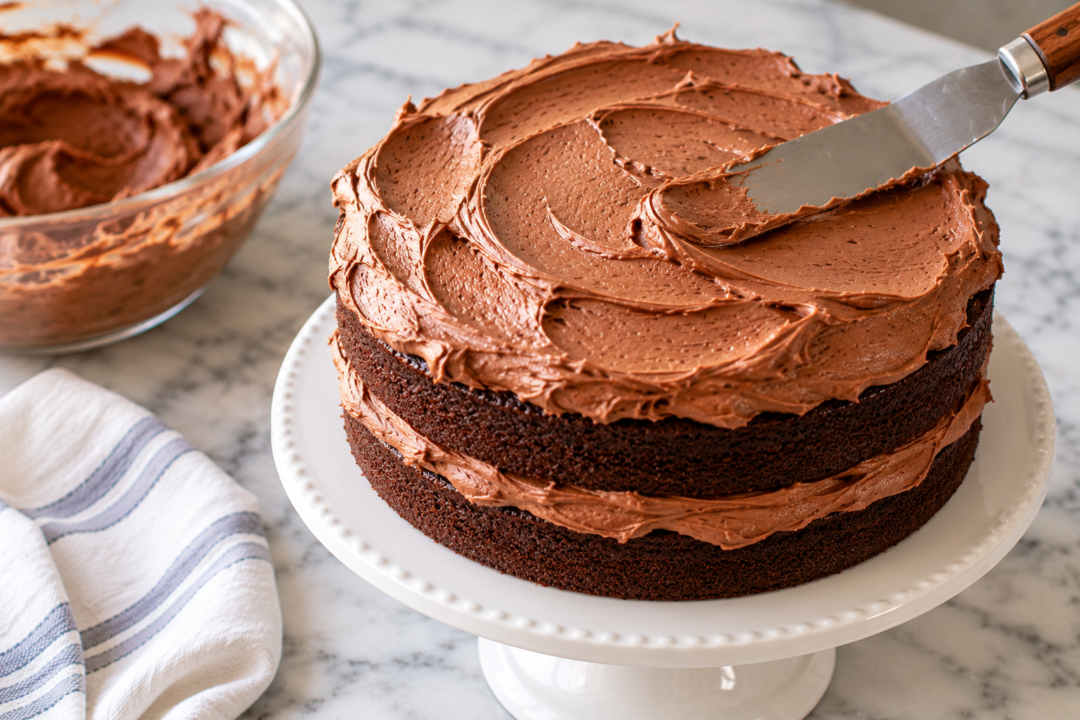 Spreading chocolate frosting on a layer cake with an offset spatula