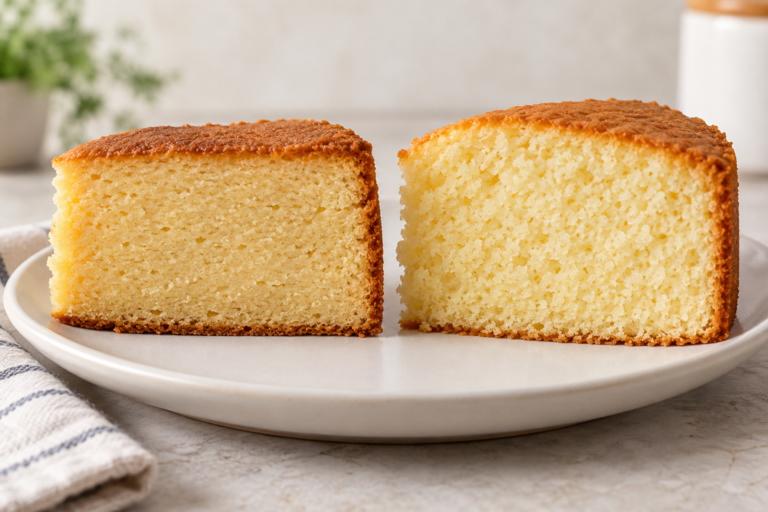 Two slices of yellow cake side by side, one with a dense, tight crumb and one with a soft, even crumb