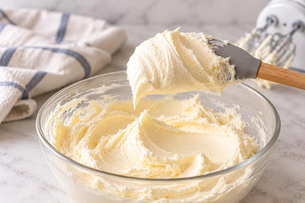 Thick buttercream holding its shape on a spatula over the bowl