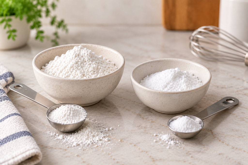 Small bowls of baking powder and baking soda ready for a freshness check