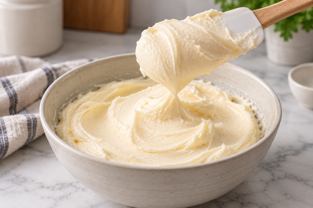Thick cream cheese frosting holding a soft mound on a spatula