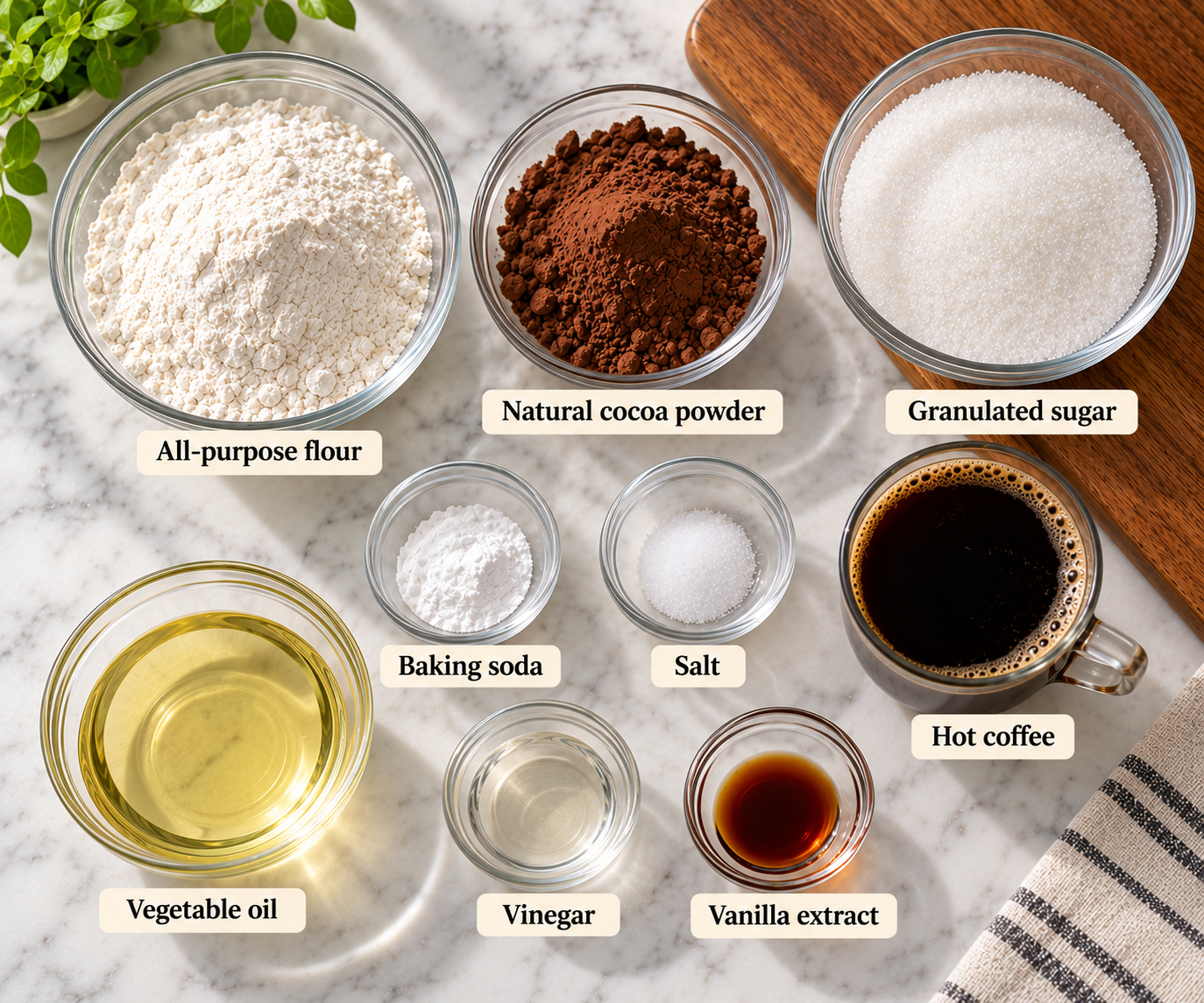 Ingredients for eggless chocolate cake in small bowls on a marble countertop