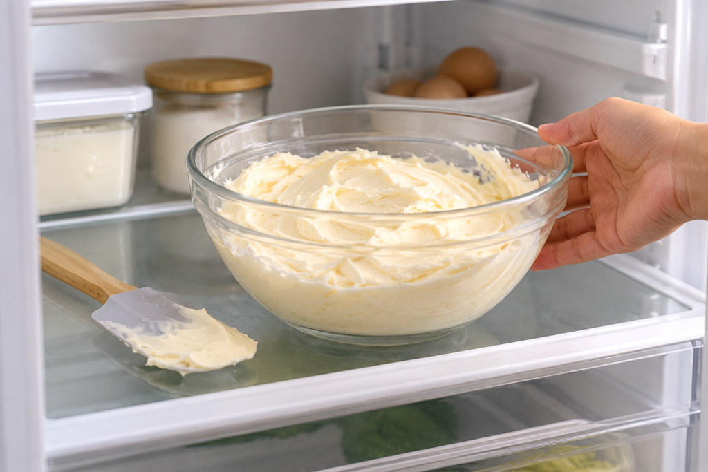 Placing a bowl of soft buttercream in the refrigerator to chill and thicken