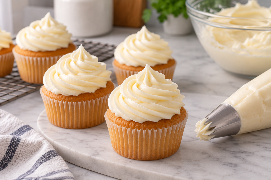 Cupcakes topped with piped swirls of cream cheese frosting