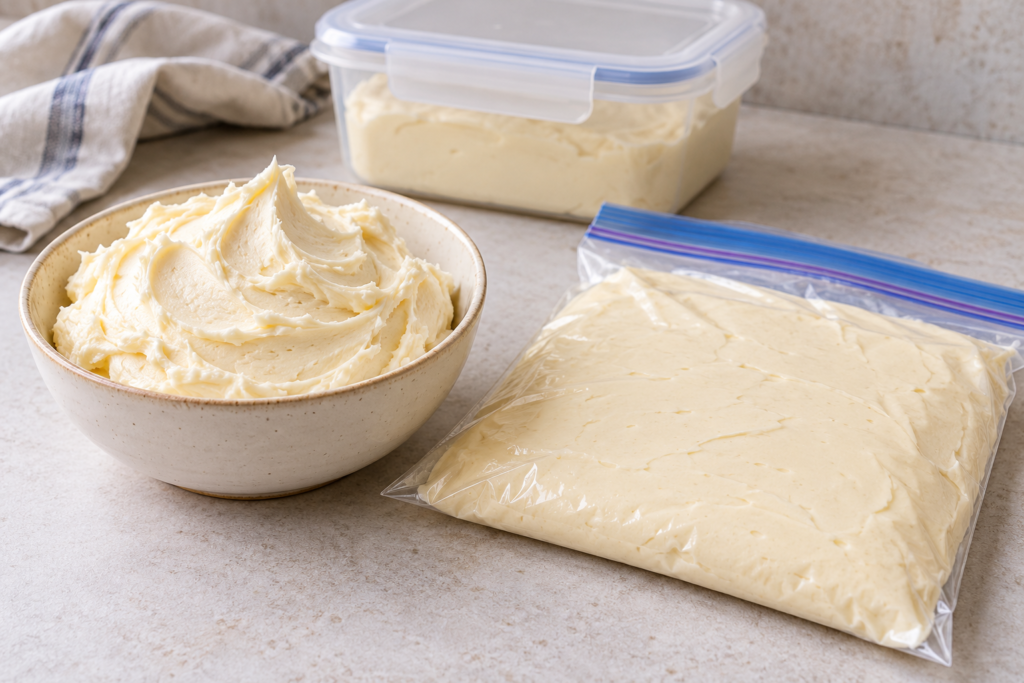 Bowl of buttercream beside an airtight container packed with buttercream