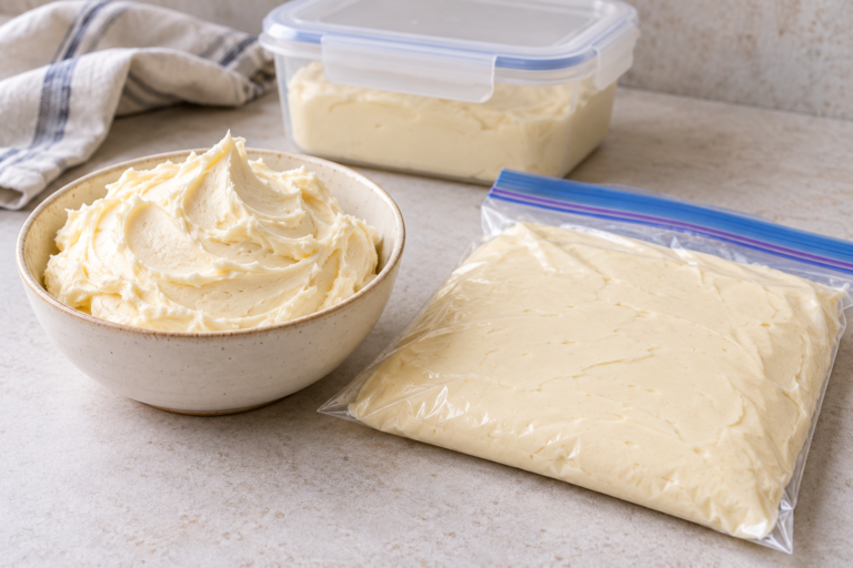 Bowl of buttercream beside an airtight container packed with buttercream