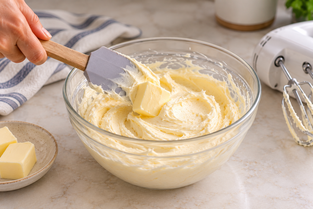Adding a cube of softened butter to a bowl of buttercream