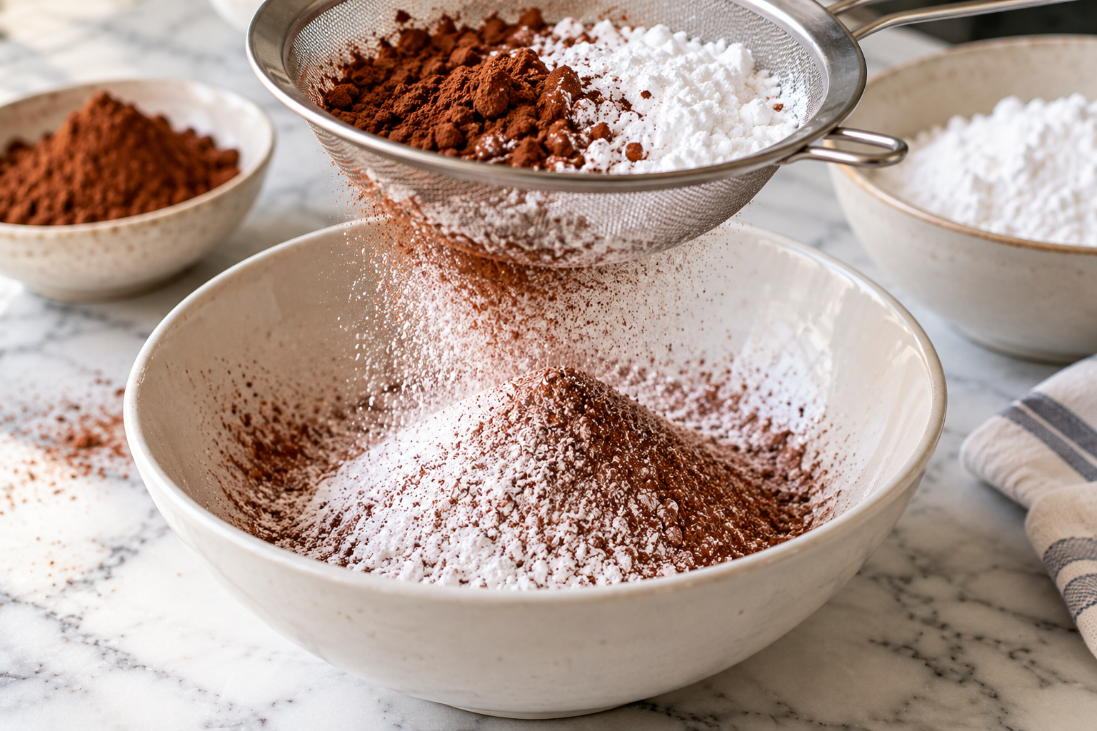 Sifting cocoa powder and powdered sugar through a fine-mesh sieve