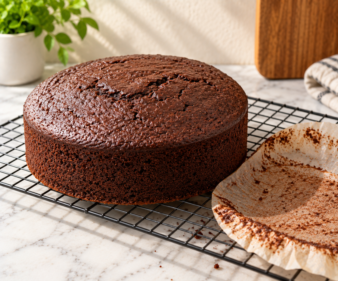 Baked eggless chocolate cake cooling on a wire rack