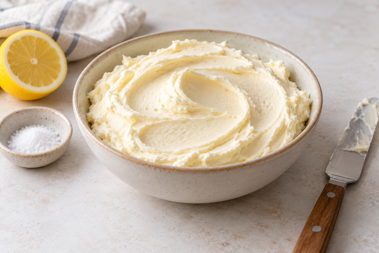 Bowl of smooth vanilla buttercream with soft swirls