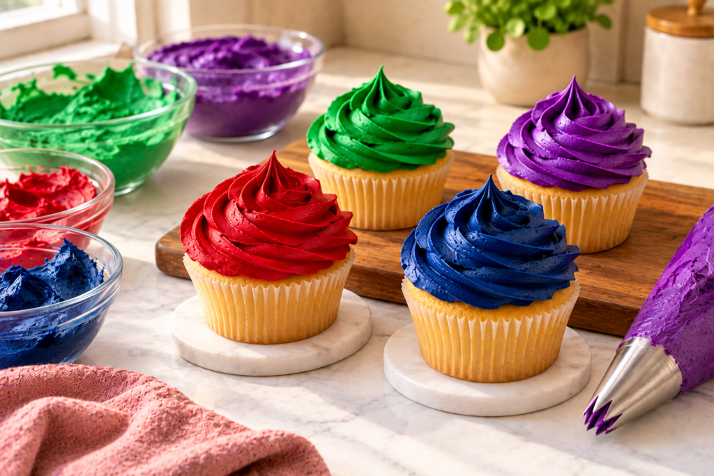 Four vanilla cupcakes piped with deep red, green, purple and navy buttercream swirls