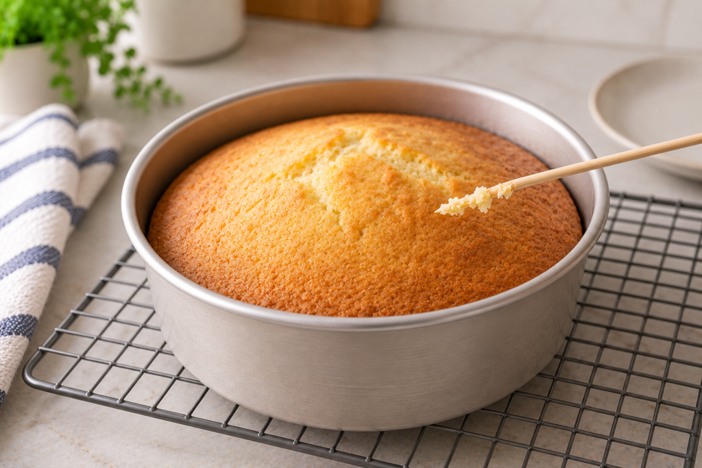 A toothpick testing the center of a freshly baked golden cake in its pan