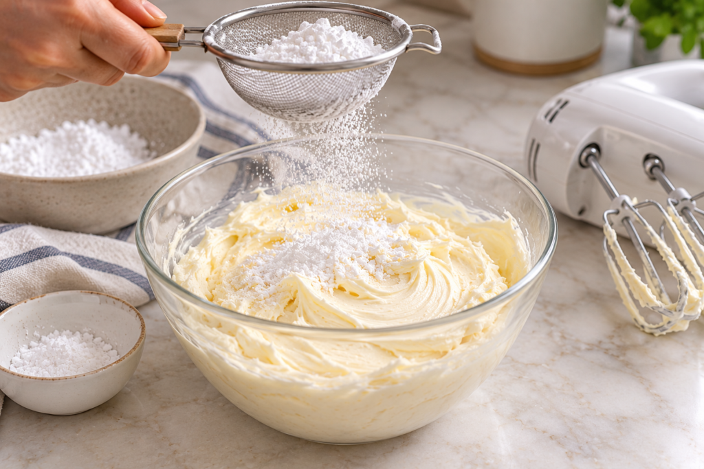 Sifting powdered sugar into a bowl of American buttercream