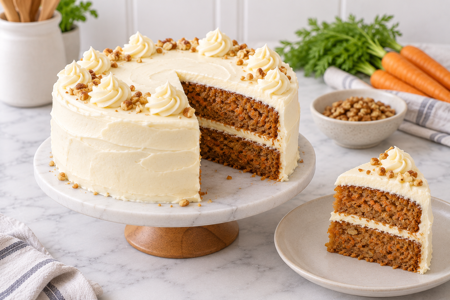 Carrot cake with thick cream cheese frosting and a slice removed
