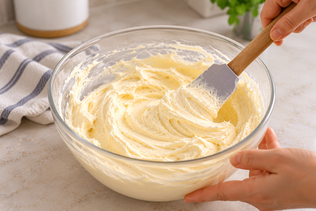 Mixing chilled buttercream with a spatula to thicken it without extra sugar