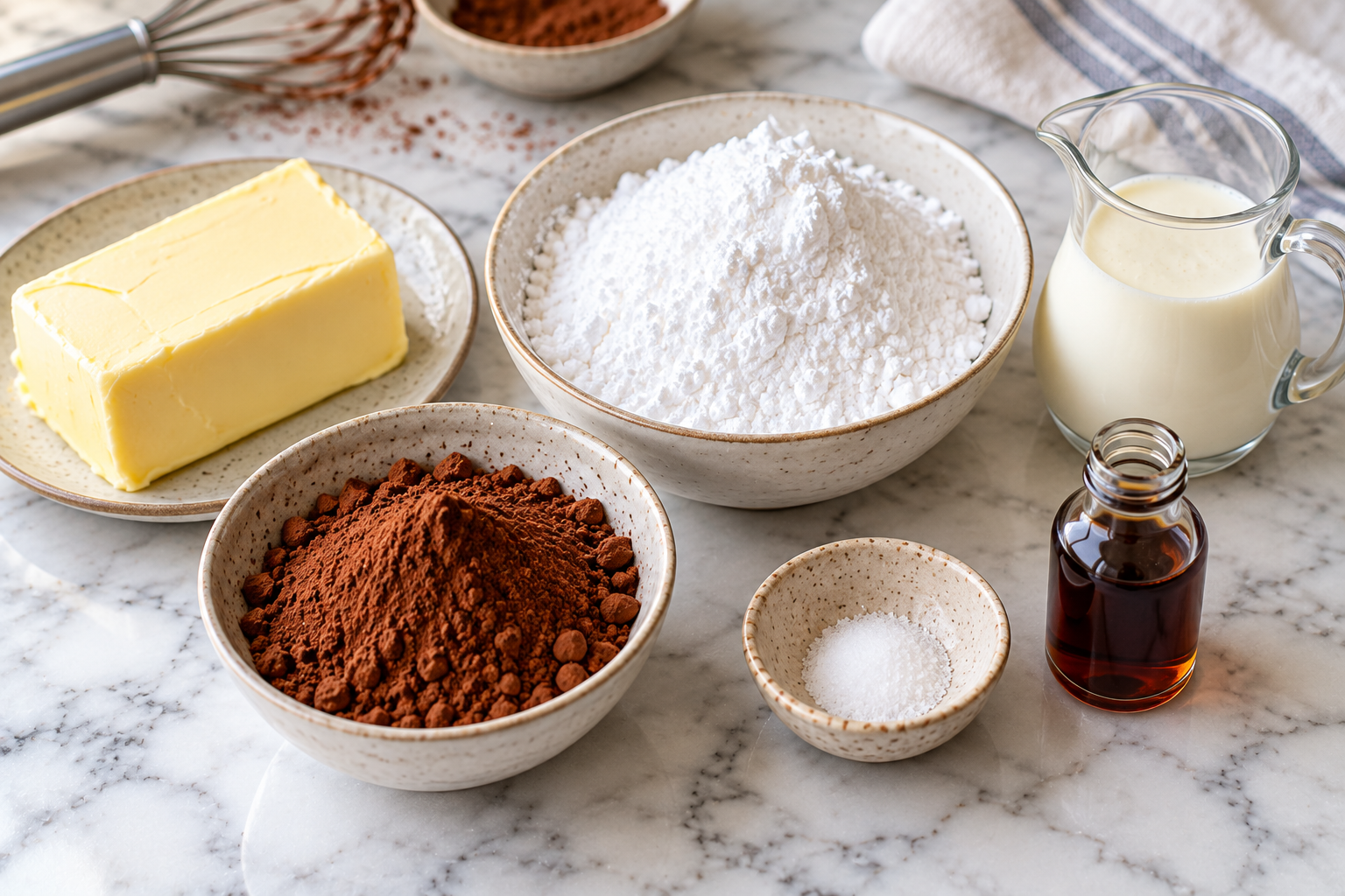 Ingredients for chocolate frosting including butter, cocoa powder, powdered sugar and cream