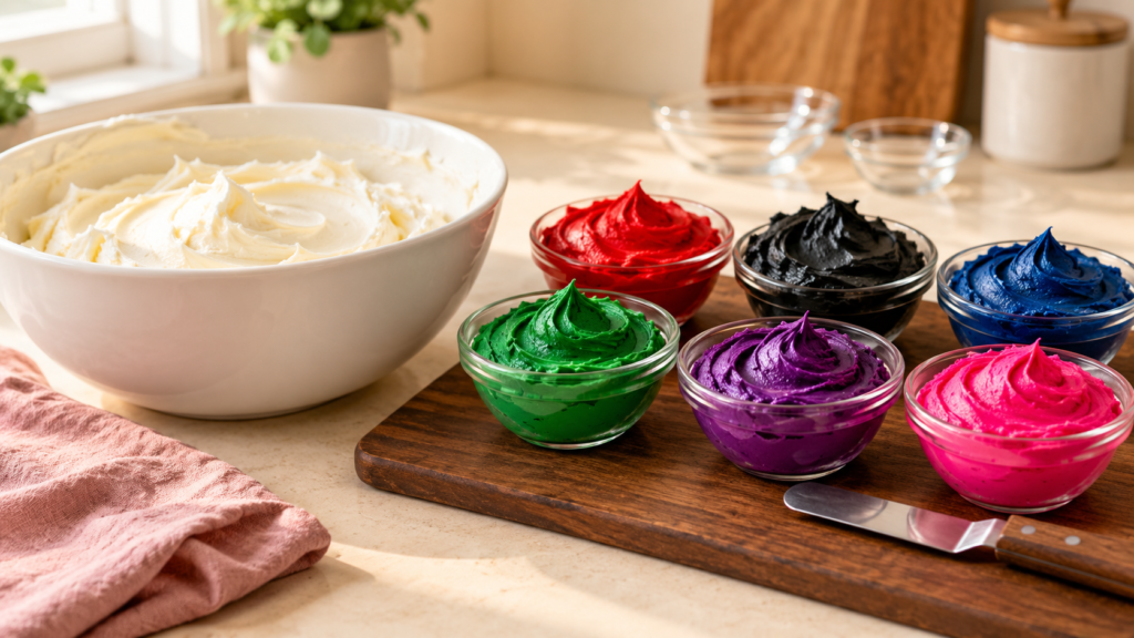 Six small bowls of deep red, black, navy, green, purple and pink buttercream on a wooden board