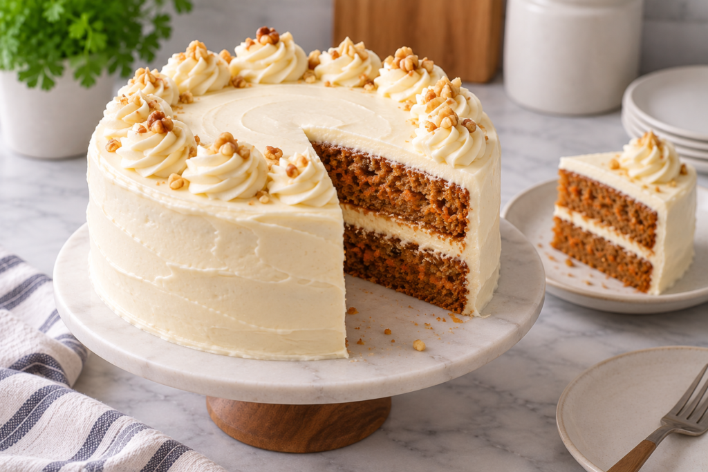 Carrot cake decorated with piped cream cheese frosting, with a slice cut