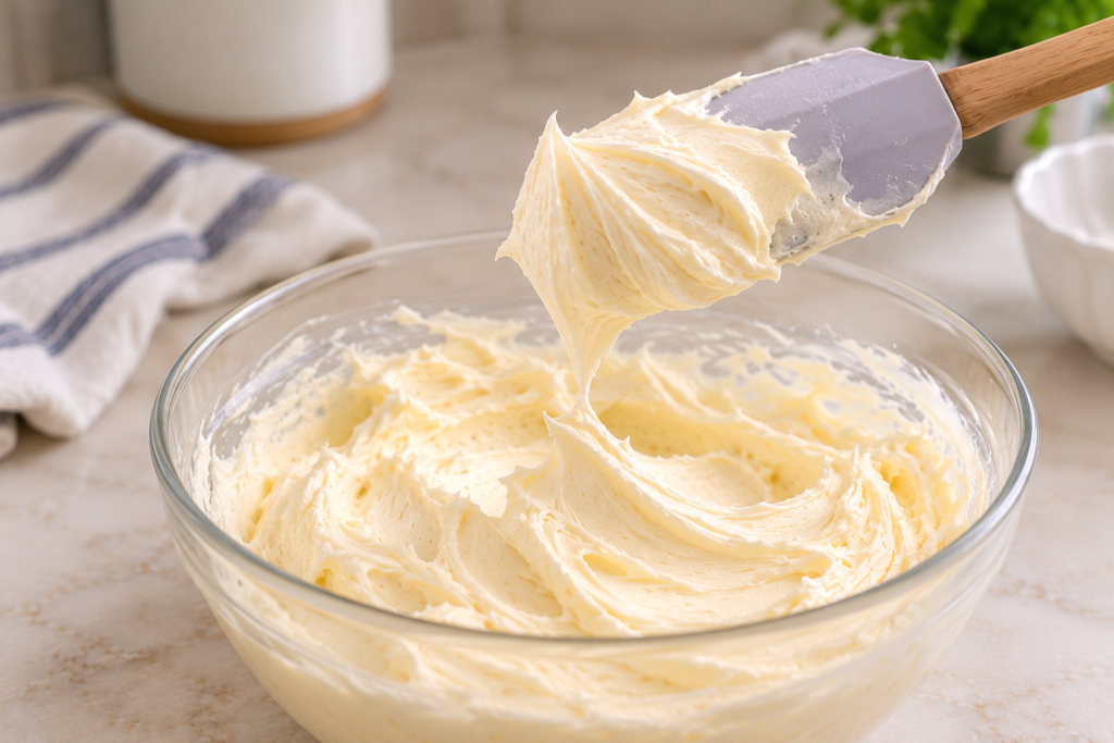 Thick buttercream holding a soft peak on a spatula