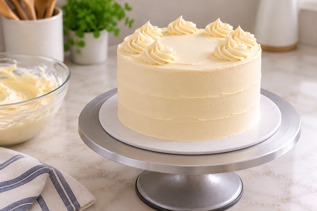 Finished cake covered in smooth vanilla buttercream with piped swirls